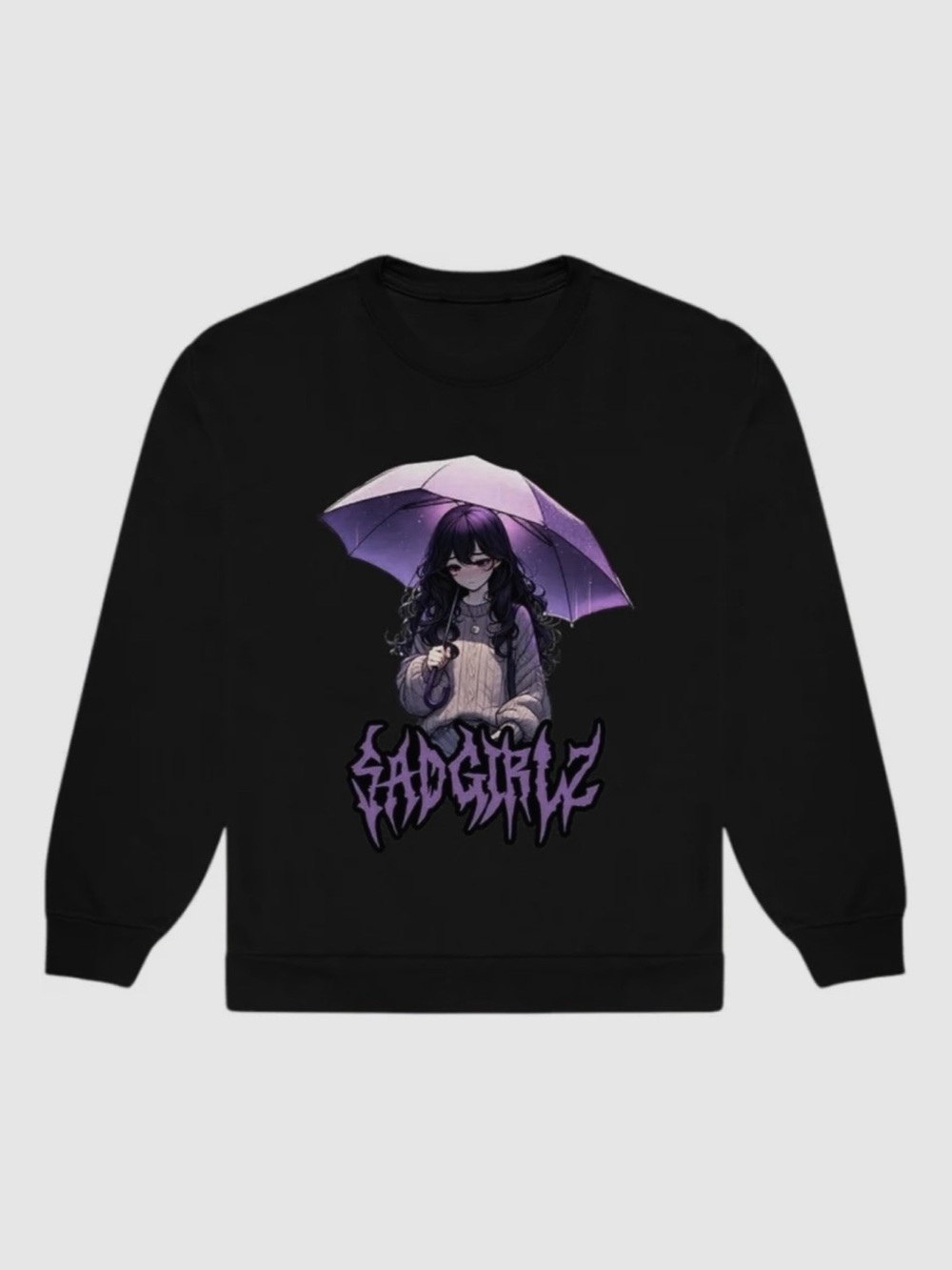 SAD BOYZ SAD GIRLZ Crewneck Anime Rainy Umbrella Girl Pullover Sweatshirt Black
